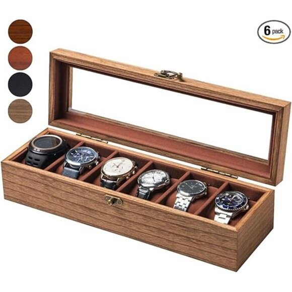 Wood Watch Box Display Case 6 Slot Glass Lid Storage Organizer for Men Women - Picture 7 of 7